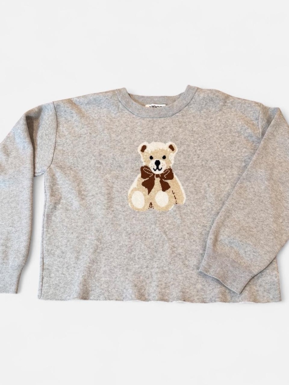 Vigoss Grey Crewneck Sweater with Beige Teddy Bear and Brown Bow Small